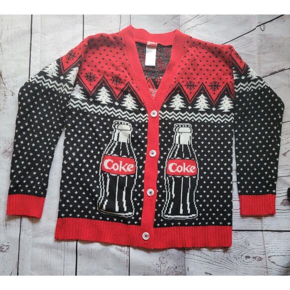 Coca Cola ugly Christmas sweater size Small men’s V neck cardigan black and red - Picture 1 of 10